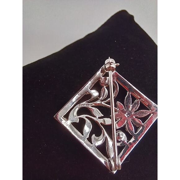 Sterling & Marcasite Flower Diamond Shaped Brooch Pin Filigree Silver - Picture 6 of 7